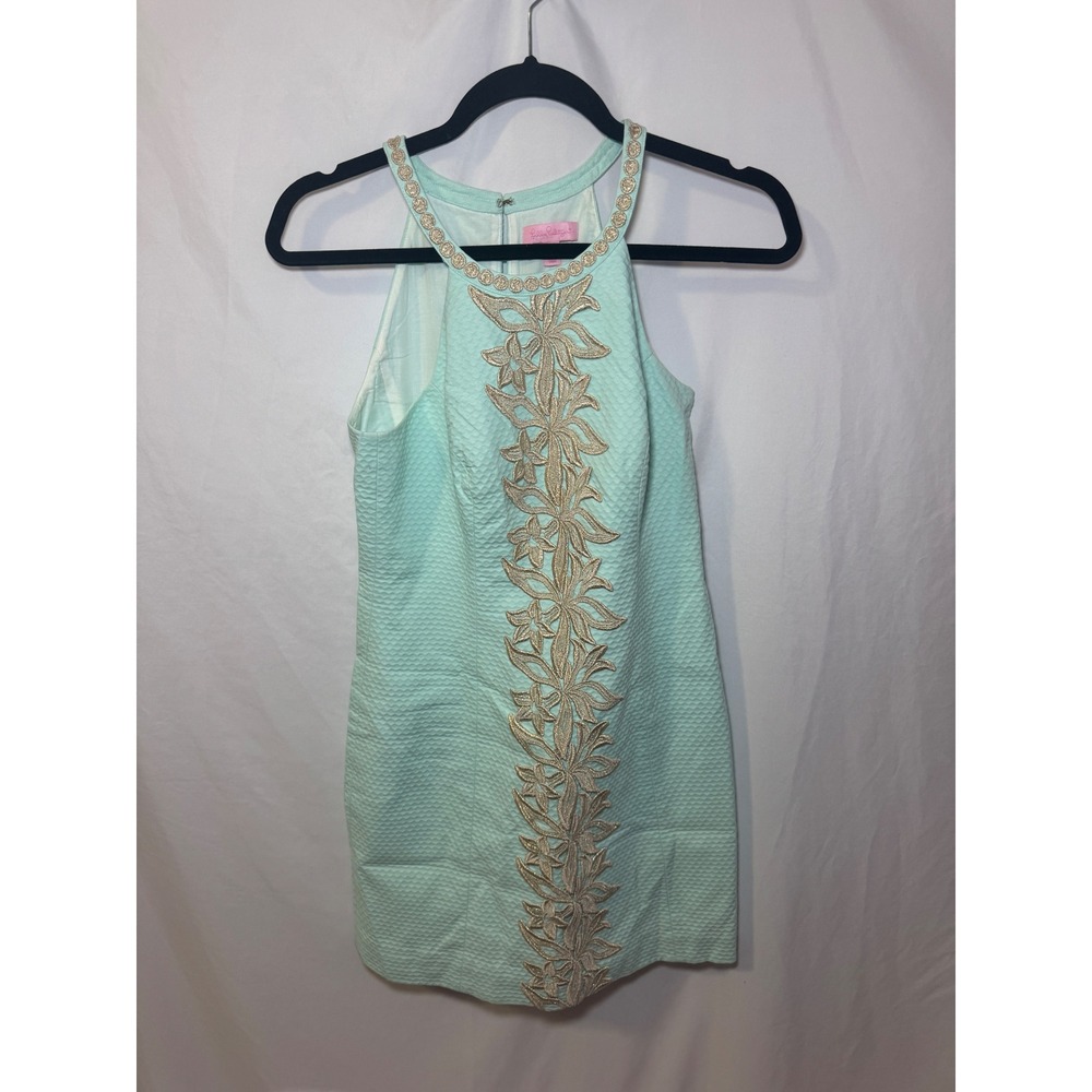 Lilly Pulitzer Shift Dress Womens 4 Mint Green Seersucker Gold Embroidery Preppy